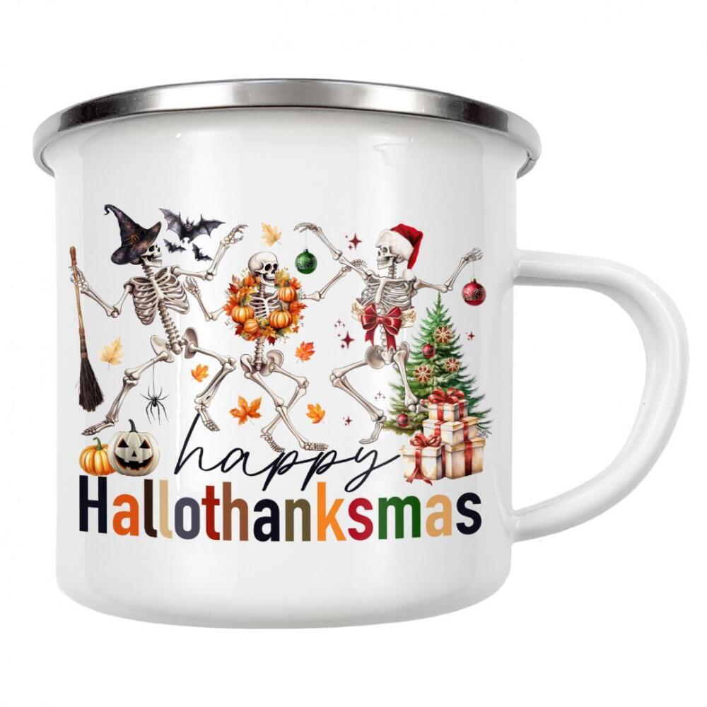 Emaille Tasse "Fröhliches Hallothanksmas" artboxONE - Essen & Trinken,Weihnachten,Buchstaben,Festivals,Halloween
