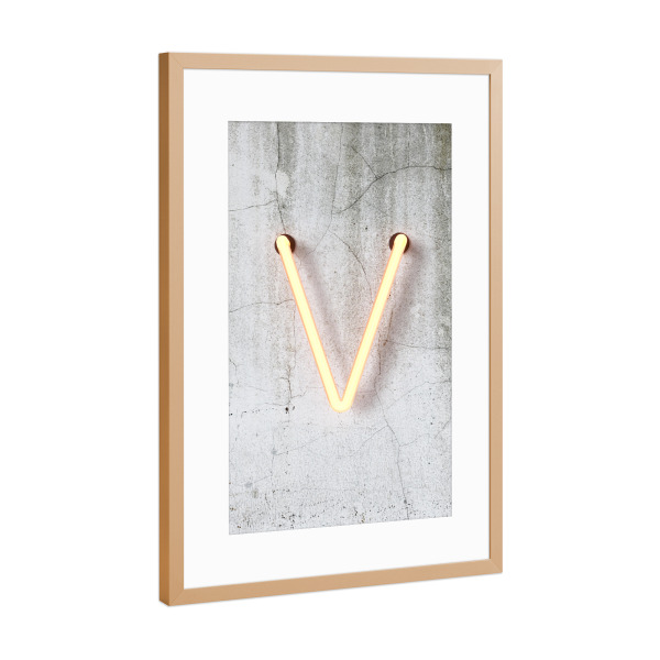 Poster mit Rahmen Kupfer "Neon Alphabet On - V" artboxONE - Buchstaben / V - Buchstabenset-neon1,Buchstabe-v,V,Abc,Neon sign,Neon art,Buchstabe