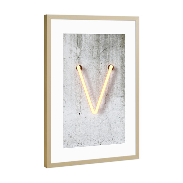 Poster mit Rahmen Gold "Neon Alphabet On - V" artboxONE - Buchstaben / V - Buchstabenset-neon1,Buchstabe-v,V,Abc,Neon sign,Neon art,Buchstabe