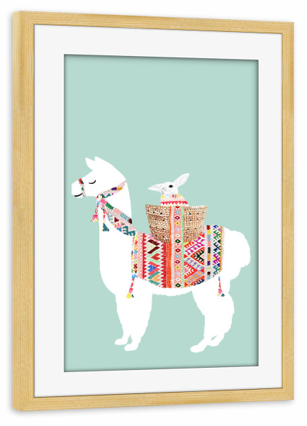 Poster mit Rahmen kiefer "Lama mit Hase" artboxONE - Für Kinder