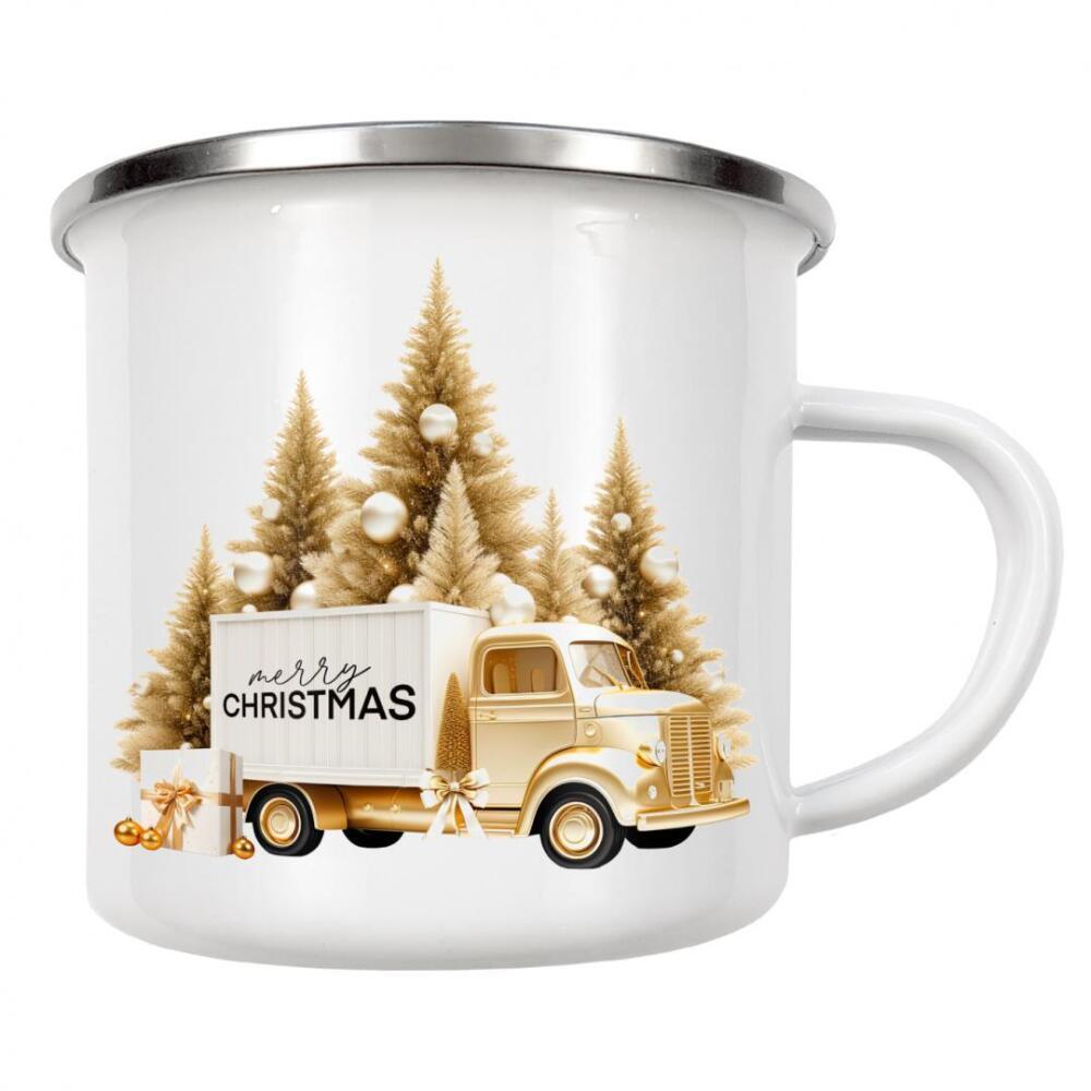 Emaille Tasse "Goldenes Weihnachtsauto-Design" artboxONE - Automobile,Weihnachten,Festivals,Lustig
