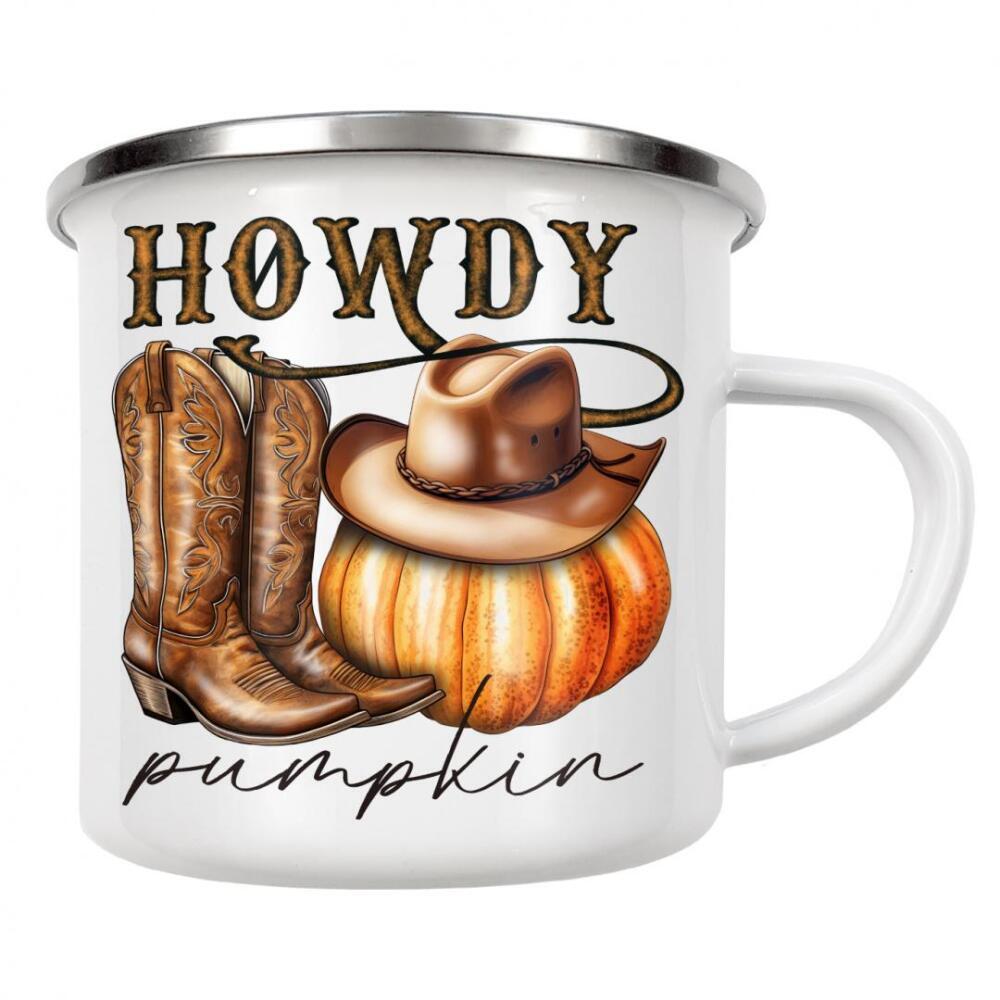 Emaille Tasse "Western Howdy Pumpkin" artboxONE - Essen & Trinken,Abstrakt,Fashion,Buchstaben,Lustig