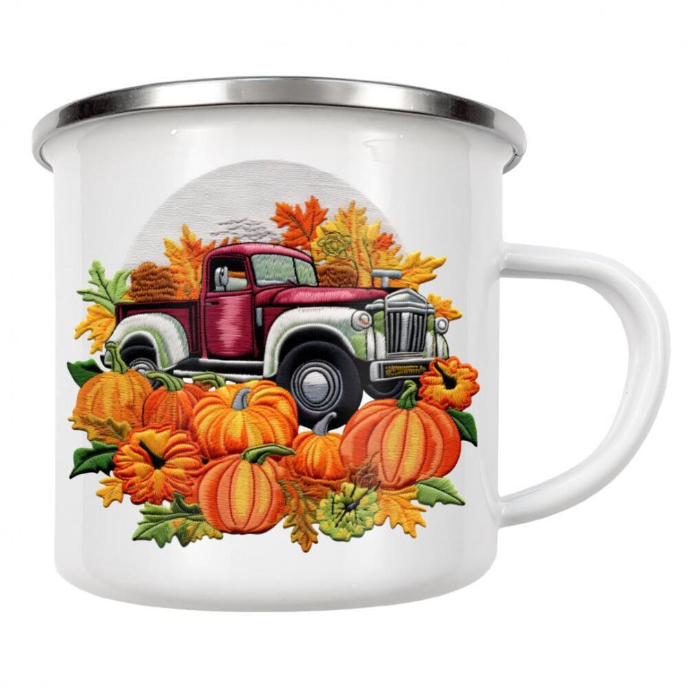 Emaille Tasse "Herbst-Truck mit Kürbis-Aufnäher" artboxONE - Floral,Abstrakt,Automobile,Für Mama,Festivals