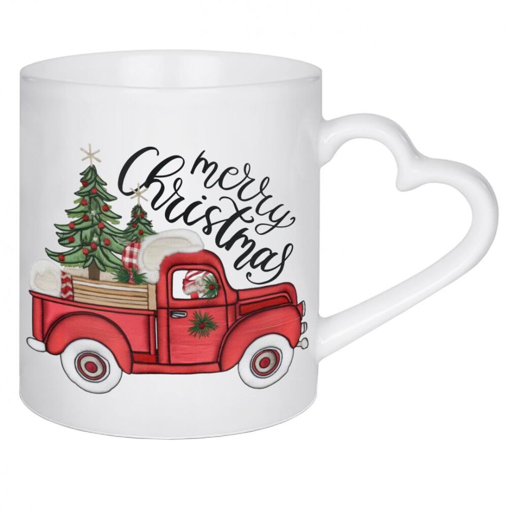 Herztasse "Frohe Weihnachten, roter Pickup" artboxONE - Abstrakt,Automobile,Weihnachten,Buchstaben,Festivals