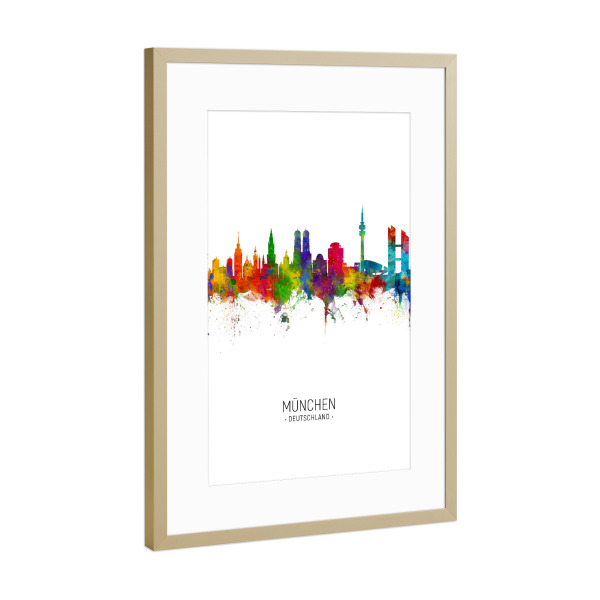 Poster mit Rahmen Gold "München Skyline Portrait" artboxONE - Städte / München - München,Munich,Skyline,Cityscape