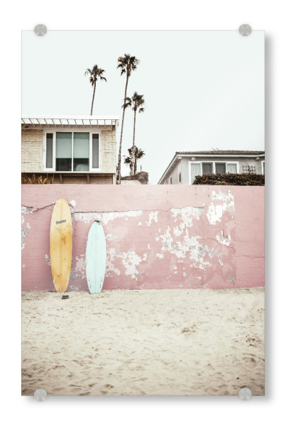 Acrylglasbild "Summer and Surf" artboxONE - Reise / Strand und Meer - Surfboard,Summer,Sea,Pink,Photography,Beach,Ocean,Holiday,Travel