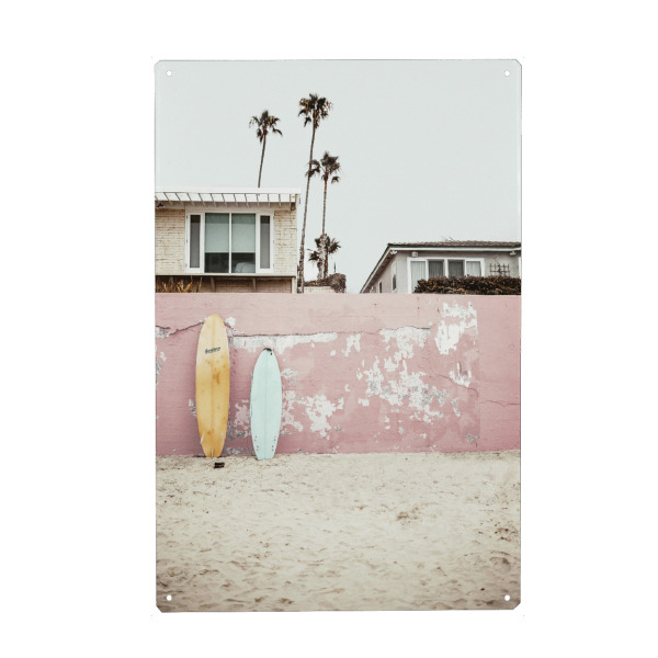 Metall Poster "Summer and Surf" artboxONE - Reise / Strand und Meer - Surfboard,Summer,Sea,Pink,Photography,Beach,Ocean,Holiday,Travel - Blechschild