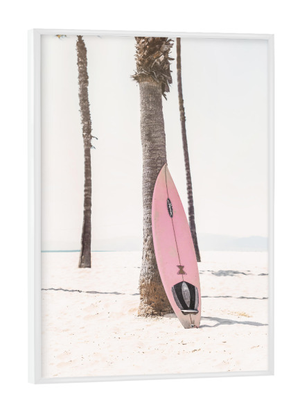 Poster mit weißem Rahmen "Pink Surfboard" artboxONE - Reise - Pink surfboard,Beach,Girly,Modern,Photography,Sea ocean,Surf,Surfing