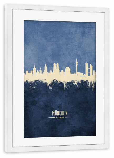Poster mit Rahmen weiß "München Skyline Navy" artboxONE - Städte / München - München,Skyline,Cityscape