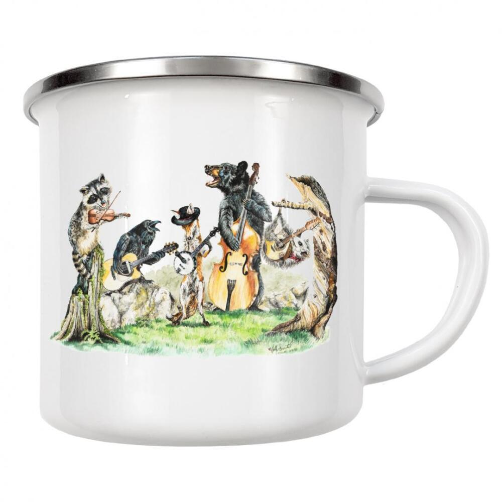 Emaille Tasse "Blue Grass Gang" artboxONE - Tiere,Musik,Lustig - Tiere,Wald,Waschbär,Krähe,Opossum,Bär,Fuchs,Musik,Humor,Bluegrass,Instrumente,Band
