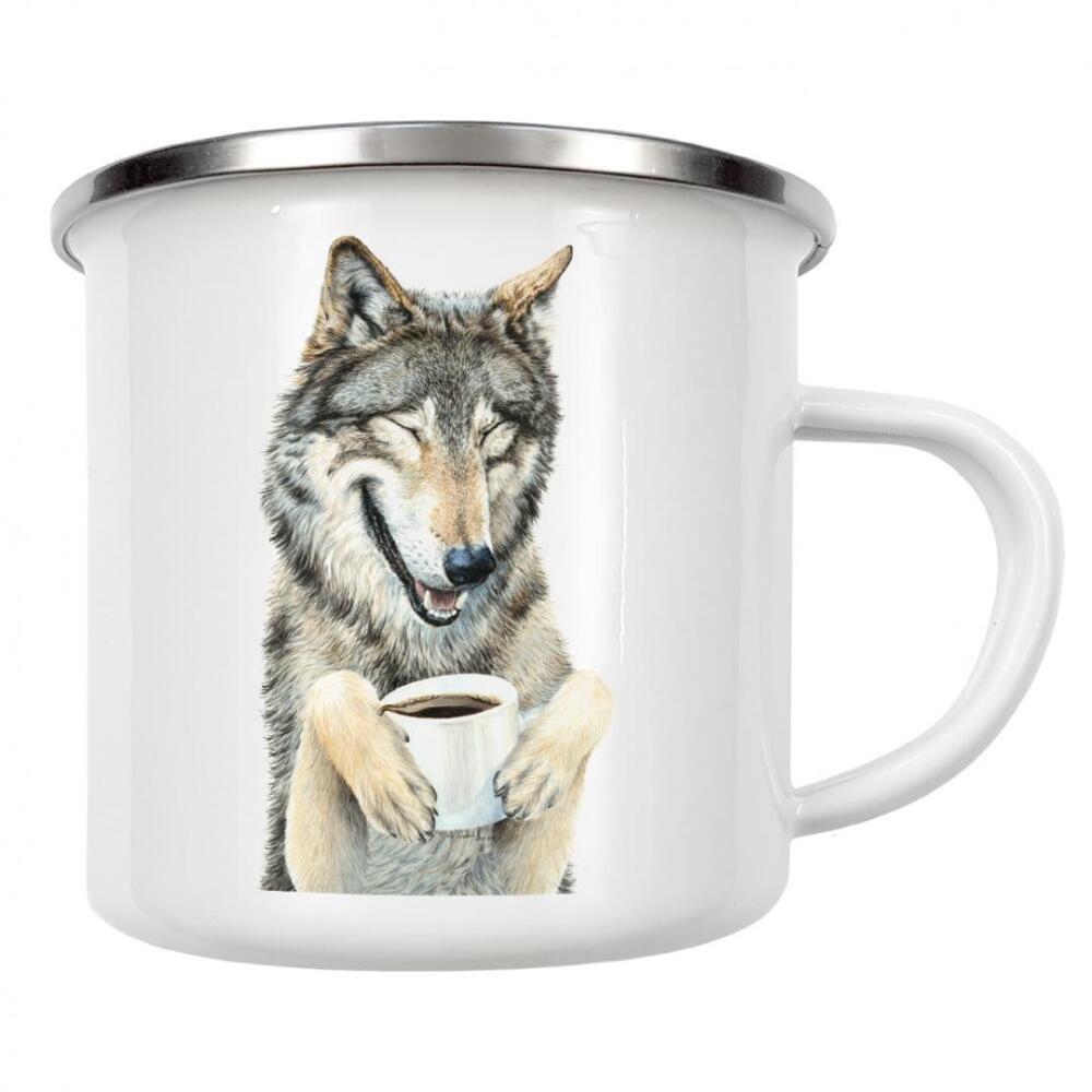 Emaille Tasse "Kaffee im Mondlicht" artboxONE - Tiere,Essen & Trinken,Lustig - Tiere,Hunde,Wolf,Kaffee,Getränke,Humor