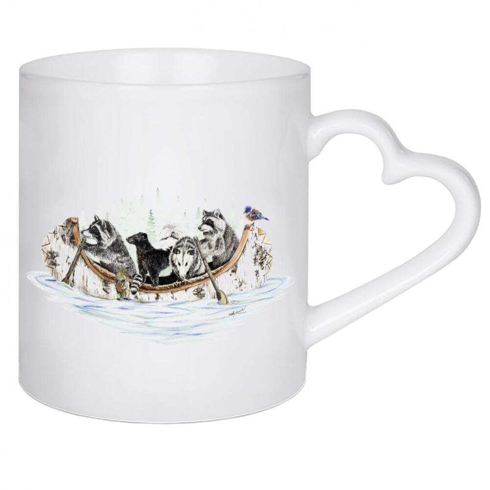 Herztasse "Critter-Kanu" artboxONE - Tiere,Lustig - Wald,Tiere,Waschbär,Dachs,Opossum,Wald,Bach,Kanu,Floß,Fluss