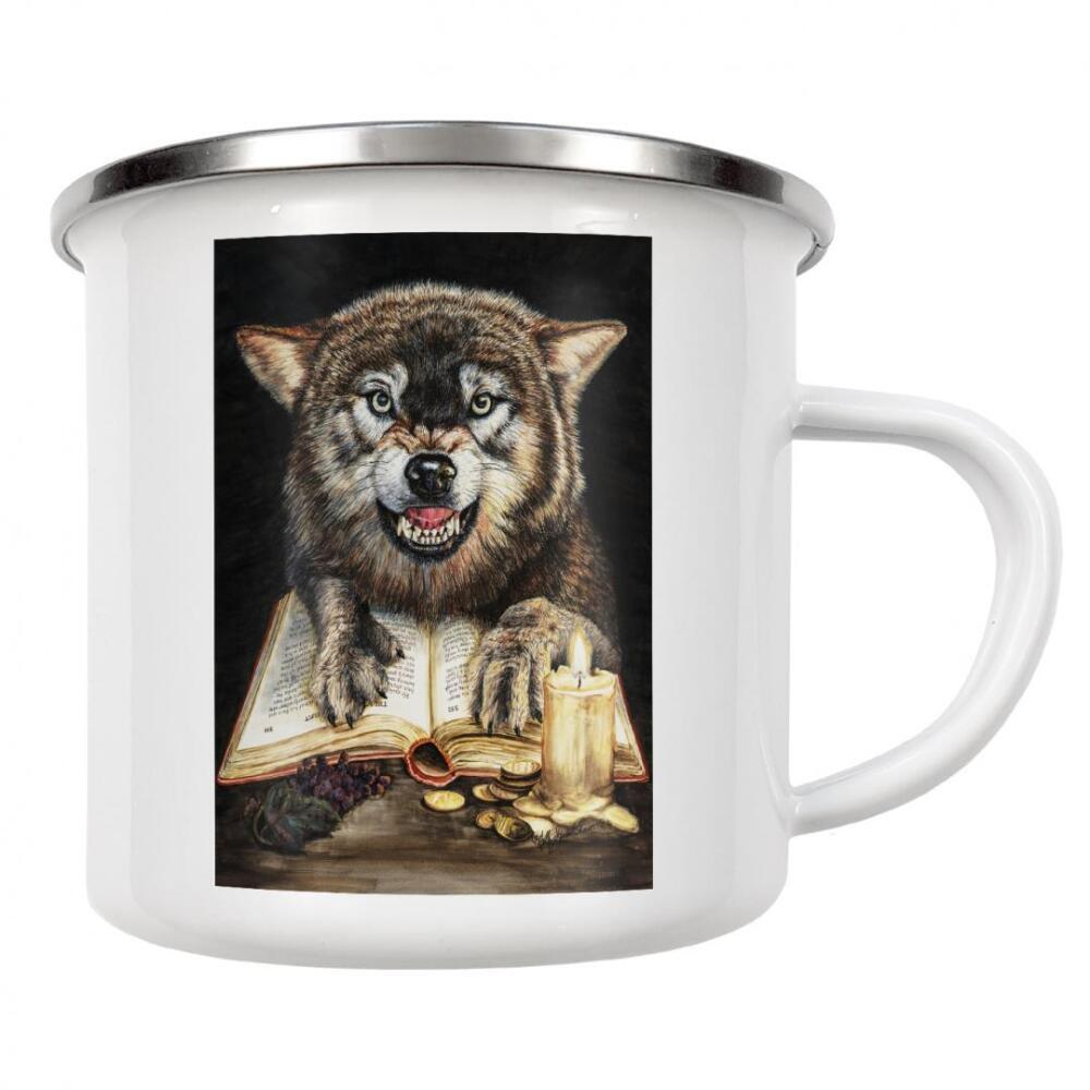Emaille Tasse "Fiktion im Fleisch" artboxONE - Tiere - Tiere,Hunde,Wolf,Fantasie,Bücher,Zaubersprüche,Gruselig