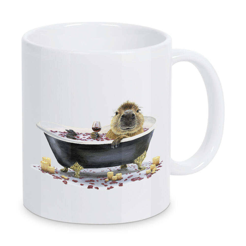 Tasse "Frohes Cappy-Bad" artboxONE - Tiere,Essen & Trinken / Alkohol,Lustig - Tiere,Tierwelt,Lustig,Humor,Entspannend,Bad,Schaumbad,Wein,Capybara