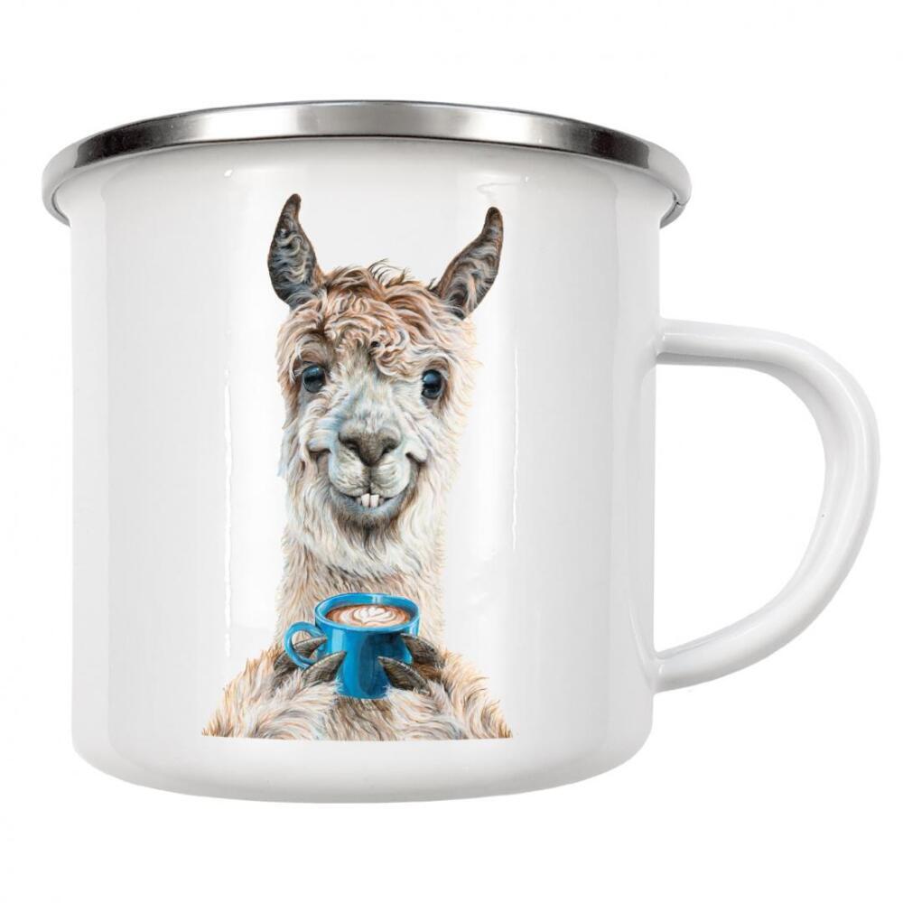 Emaille Tasse "Lama Latte" artboxONE - Tiere,Essen & Trinken,Lustig - Tiere,Lama,Humor,Lustig,Getränke,Kaffee,Tier