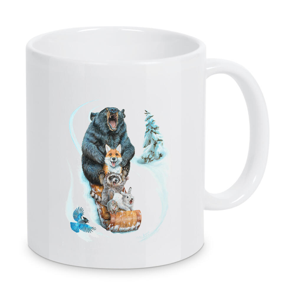 Tasse "Der große Hügel" artboxONE - Tiere,Lustig - Tiere,Wald,Bär,Fuchs,Waschbär,Kaninchen,Vogel,Schnee,Schlitten