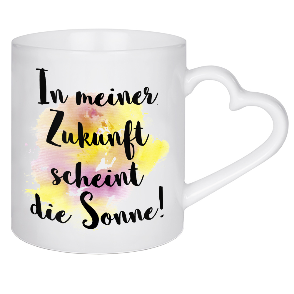 Herztasse "Sonnige Zukunft" artboxONE - Typografie - Sonne,Pink,Wasserfarbe,Farbklecks,Bunt,Fröhlich,Zukunft,Soinne,Optimismus
