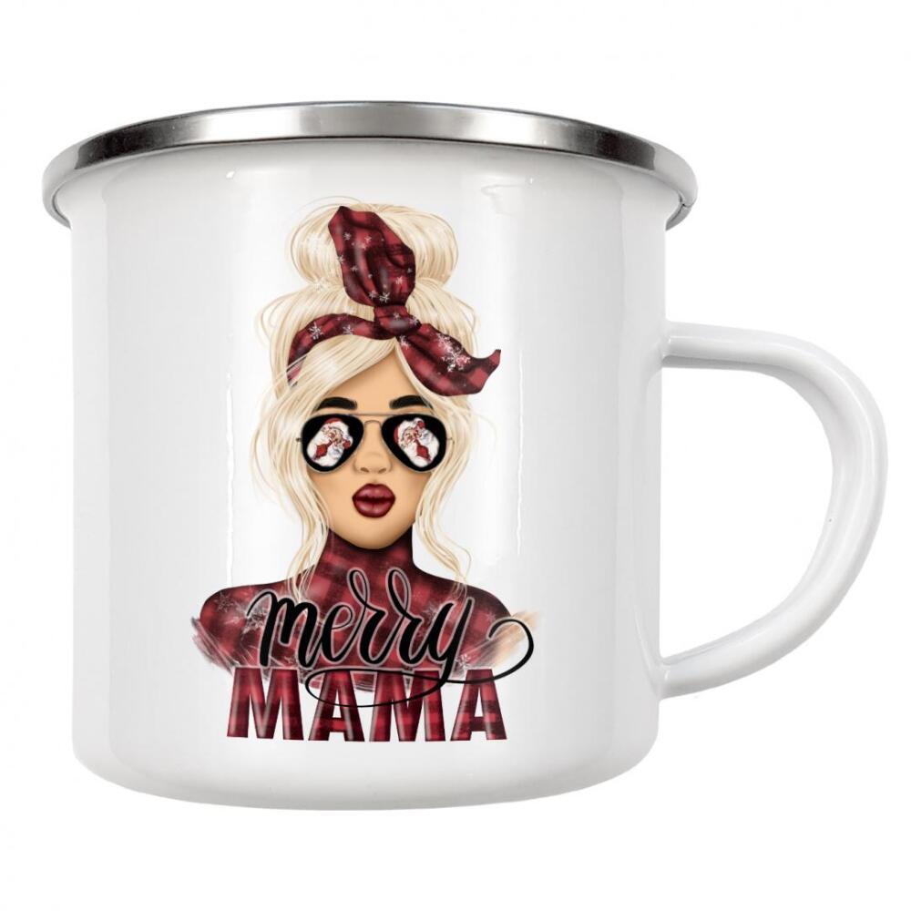 Emaille Tasse "Blonde fröhliche Mama" artboxONE - Fashion,Weihnachten,Buchstaben,Für Mama,Festivals