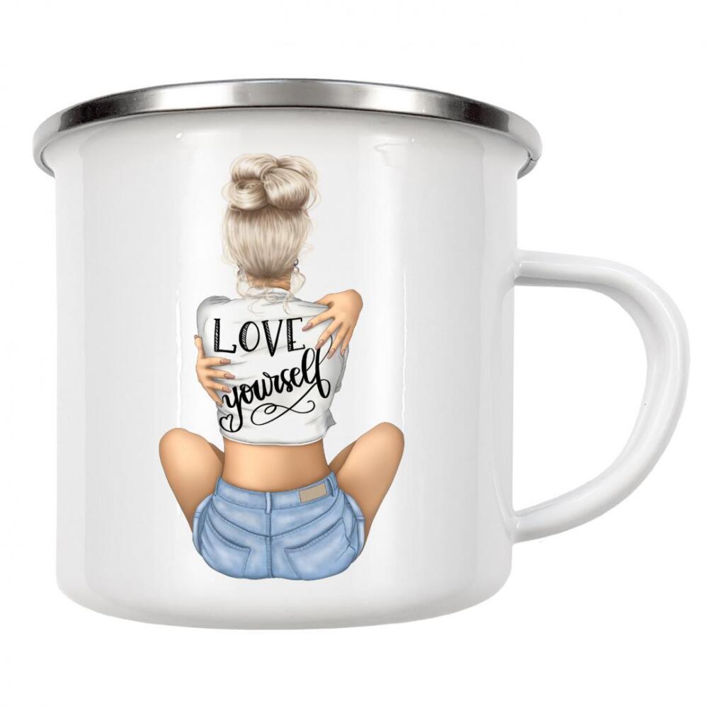 Emaille Tasse "Love Yourself | Blonde Girl" artboxONE - Menschen,Fashion,Buchstaben,Für Mama,Lustig