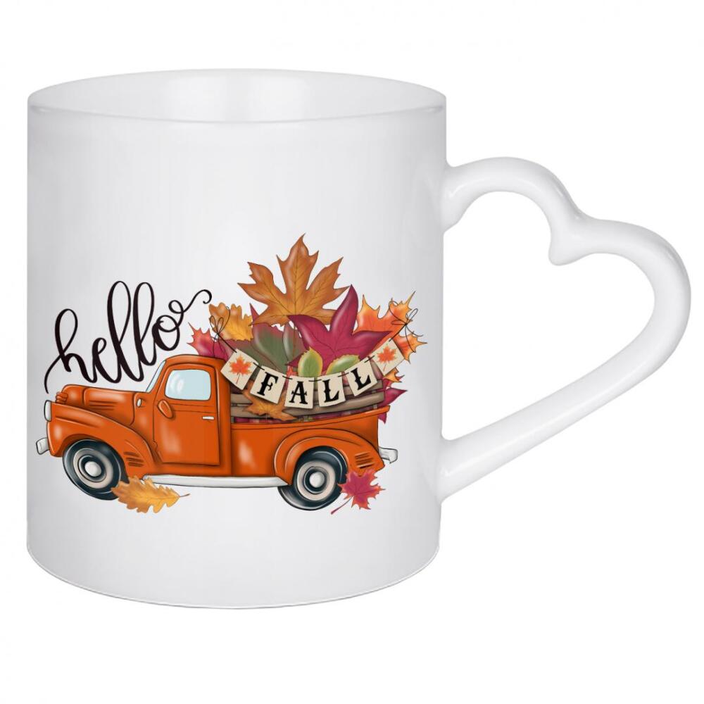 Herztasse "Hallo Herbst Orange Truck" artboxONE - Floral,Automobile,Fashion,Buchstaben,Lustig