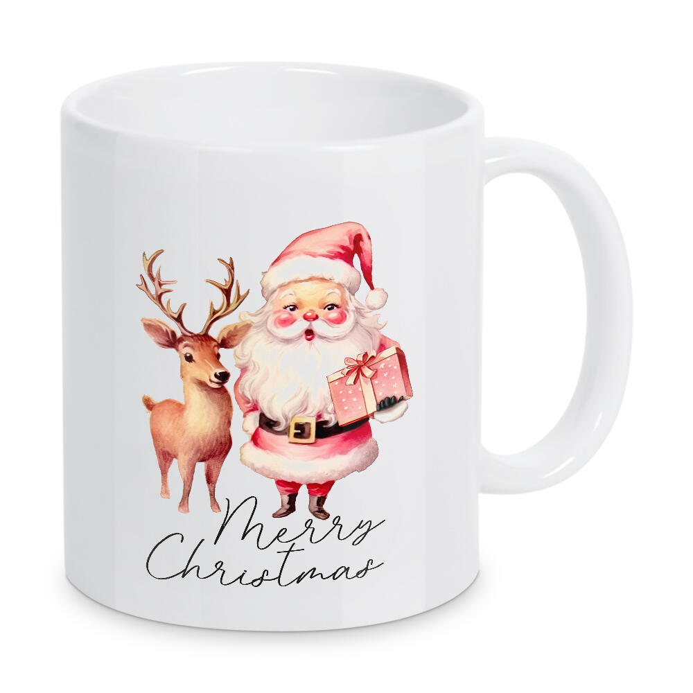 Tasse "Retro Pink Santa Claus with Deer" artboxONE - Tiere,Menschen,Weihnachten,Festivals,Lustig