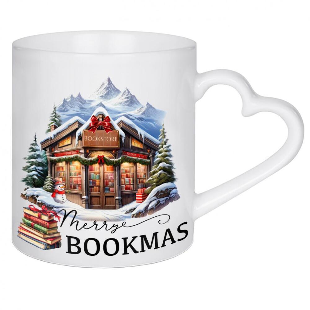 Herztasse "Merry Bookmas Weihnachtsdorf" artboxONE - Architektur,Weihnachten,Buchstaben,Festivals,Lustig