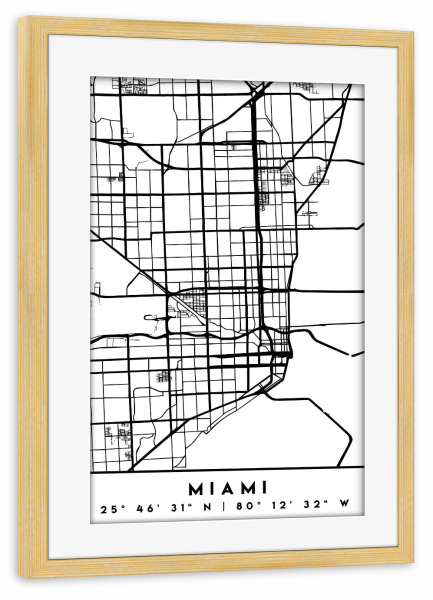 Poster mit Rahmen kiefer "MIAMI FLORIDA BLACK CITY MAP" artboxONE - Städte,Reise,Schwarzweiß,Städte / Weitere,Kartografie