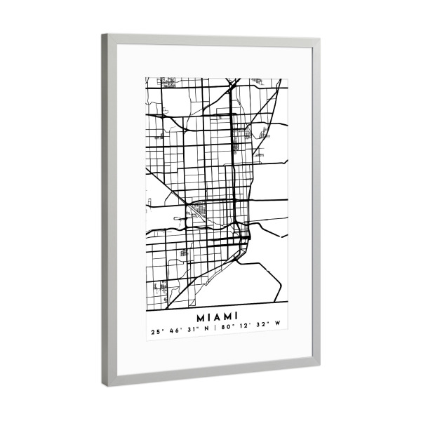 Poster mit Rahmen Silber "MIAMI FLORIDA BLACK CITY MAP" artboxONE - Städte,Reise,Schwarzweiß,Städte / Weitere,Kartografie