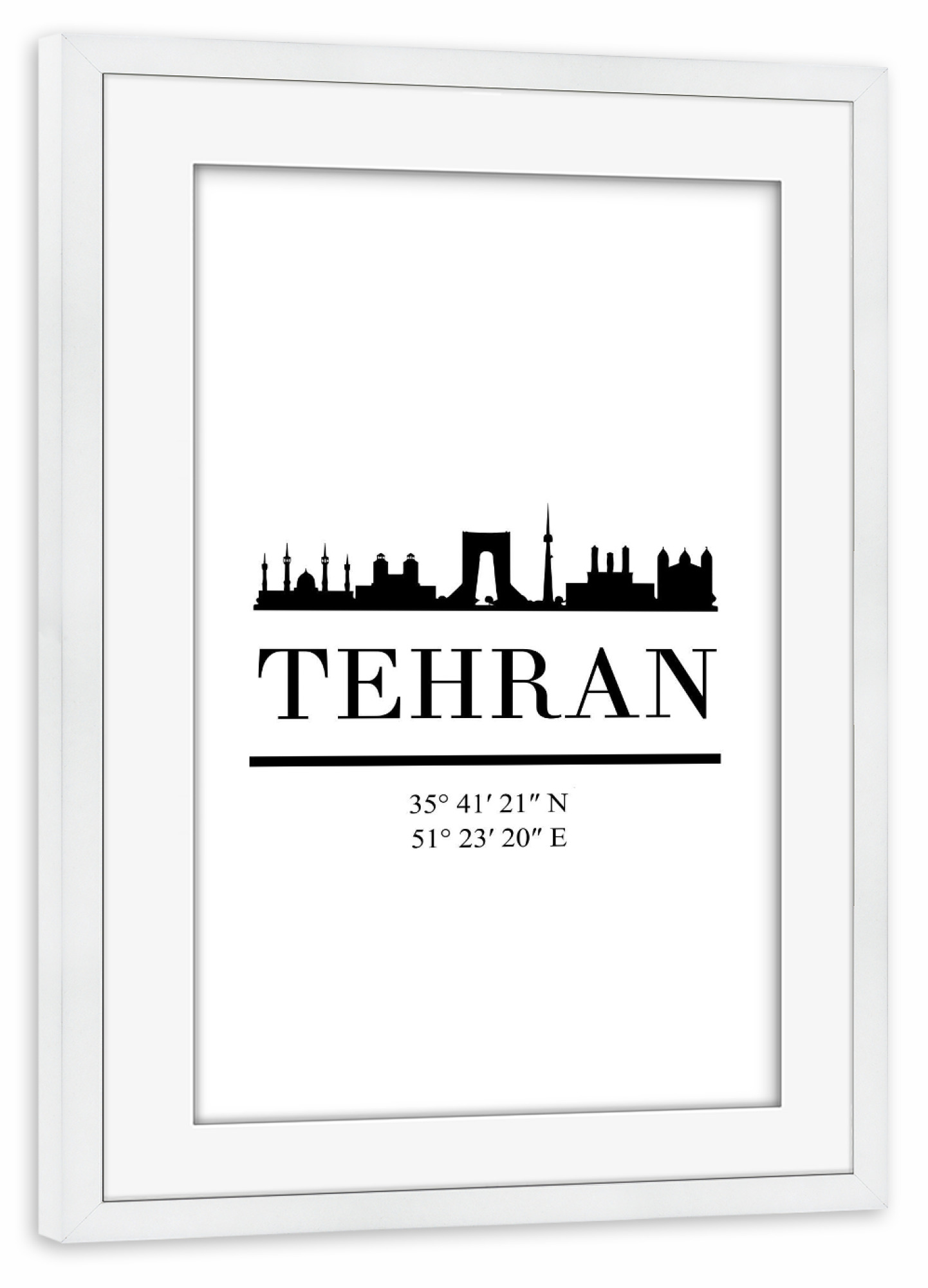 Poster mit Rahmen weiß "TEHRAN IRAN BLACK SKYLINE ART" artboxONE - Städte,Reise,Schwarzweiß,Städte / Weitere,Kartografie