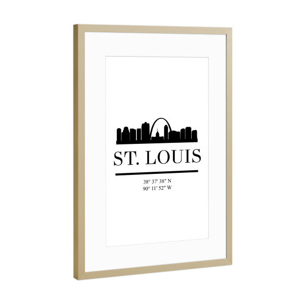 Poster mit Rahmen Gold "ST LOUIS MISSOURI BLACK SKYLINE" artboxONE - Städte,Reise,Schwarzweiß,Städte / Weitere,Kartografie