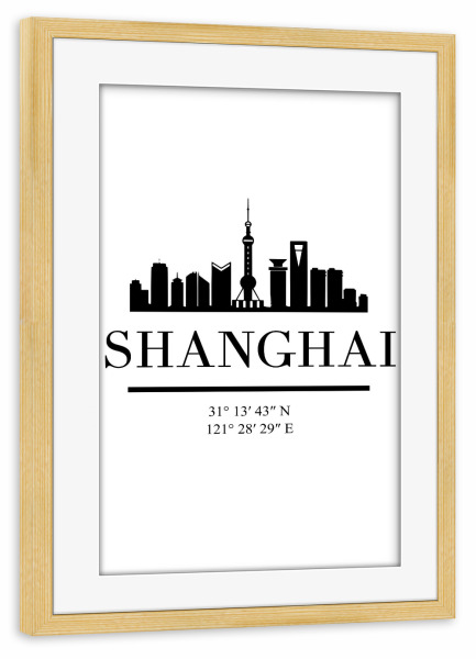Poster mit Rahmen kiefer "SHANGHAI CHINA BLACK SKYLINE ART" artboxONE - Städte,Reise,Schwarzweiß,Städte / Shanghai,Kartografie