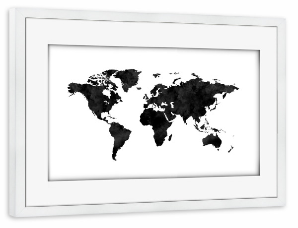 Poster mit Rahmen weiß "Black and White World Map" artboxONE - Reise,Schwarzweiß,Reise / Länder,Kartografie