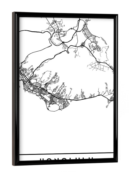 Poster mit schwarzem Rahmen "HONOLULU HAWAII BLACK CITY MAP" artboxONE - Städte,Schwarzweiß,Städte / Weitere,Kartografie
