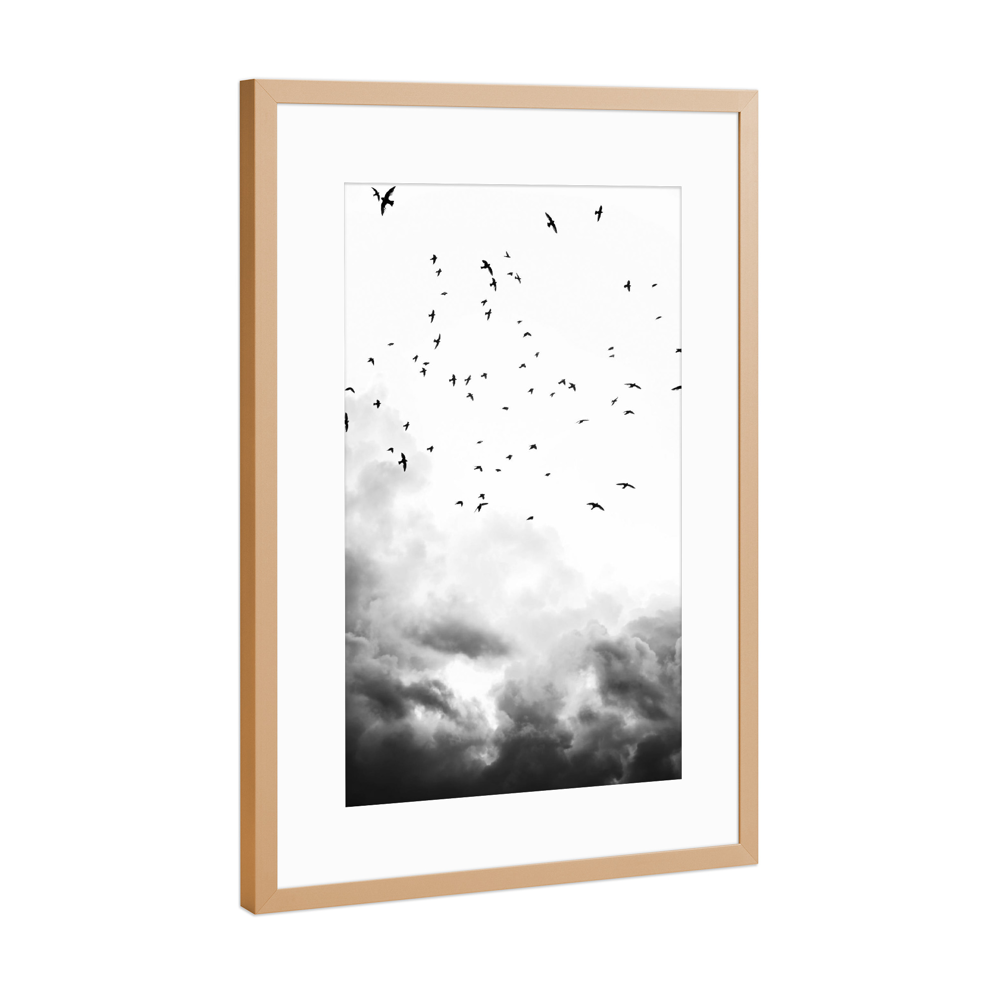 Poster mit Rahmen Kupfer "In the sky and above" artboxONE - Natur,Schwarzweiß - Black and white,Birds,Sky,Clouds,Minimalist,Nature