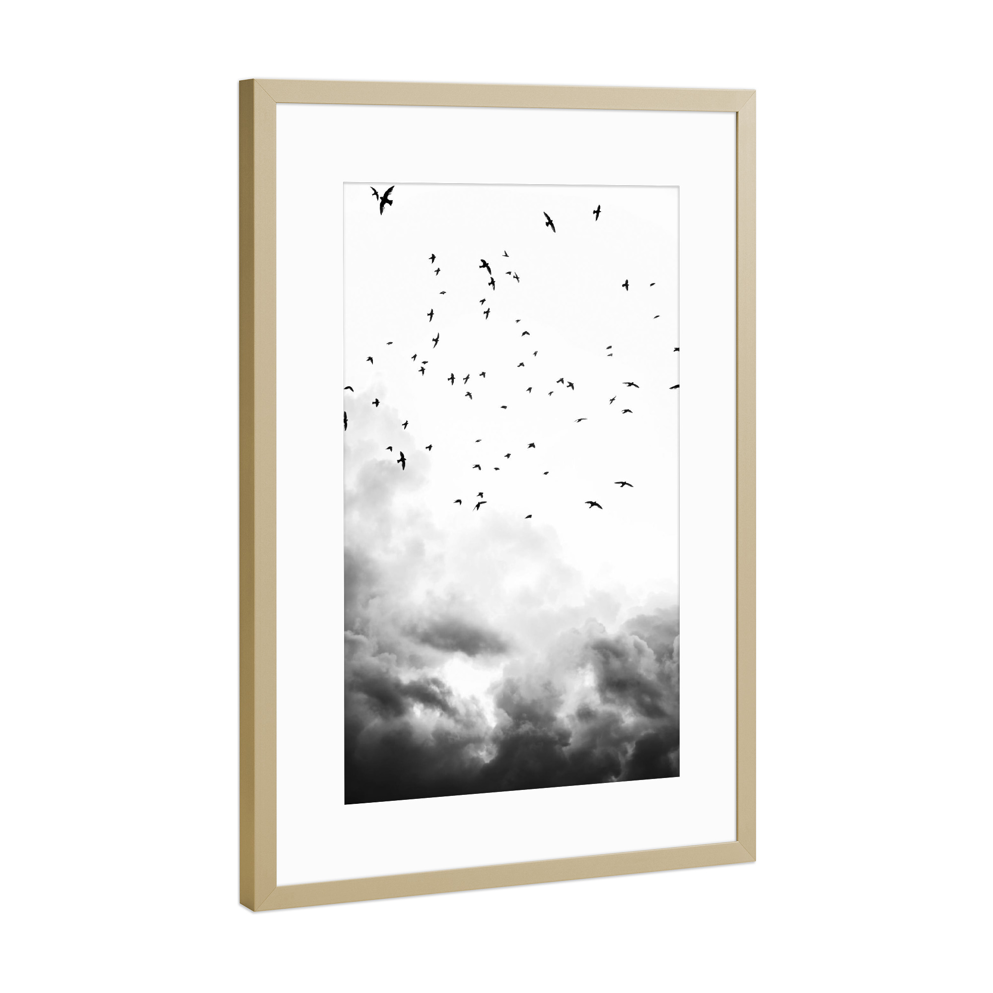 Poster mit Rahmen Gold "In the sky and above" artboxONE - Natur,Schwarzweiß - Black and white,Birds,Sky,Clouds,Minimalist,Nature