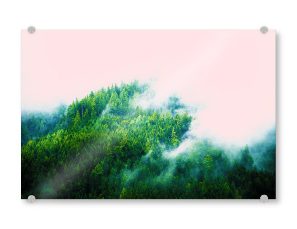 Acrylglasbild "Into The Fog" artboxONE - Natur - Collage,Nature,Landscape,Fog,Pink,Green,Mountain,Tress,Lush,Forest,Wild,Adventure,Travel
