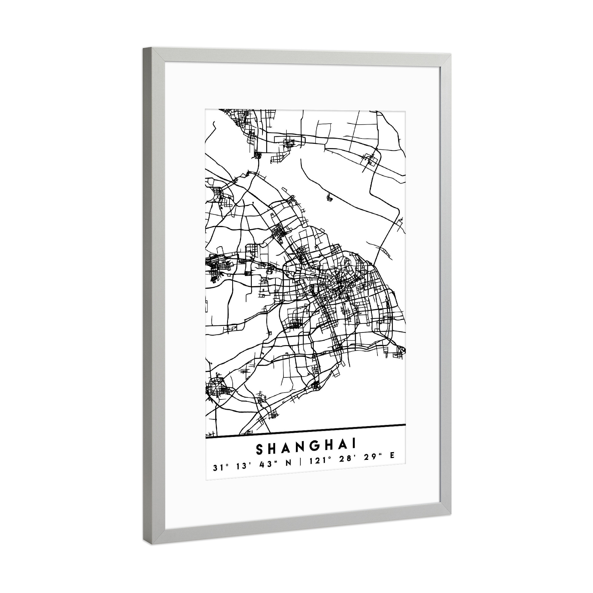 Poster mit Rahmen Silber "SHANGHAI CHINA BLACK CITY MAP" artboxONE - Schwarzweiß,Städte / Shanghai,Kartografie