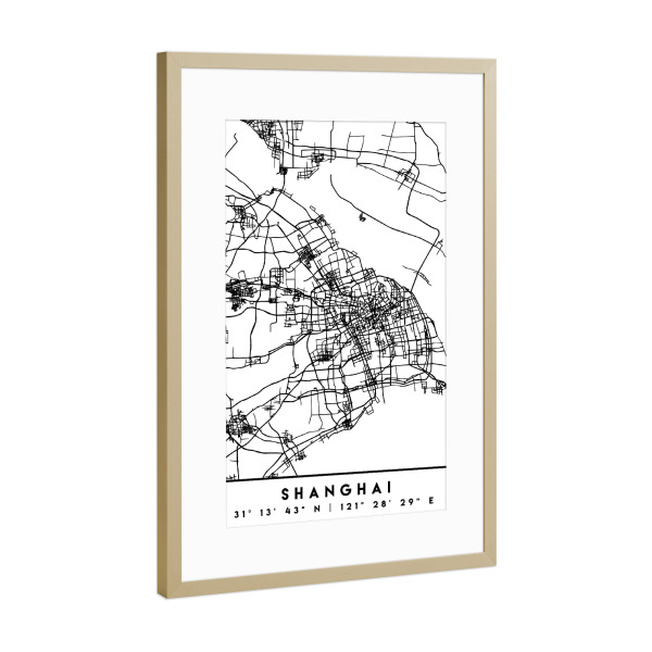 Poster mit Rahmen Gold "SHANGHAI CHINA BLACK CITY MAP" artboxONE - Schwarzweiß,Städte / Shanghai,Kartografie