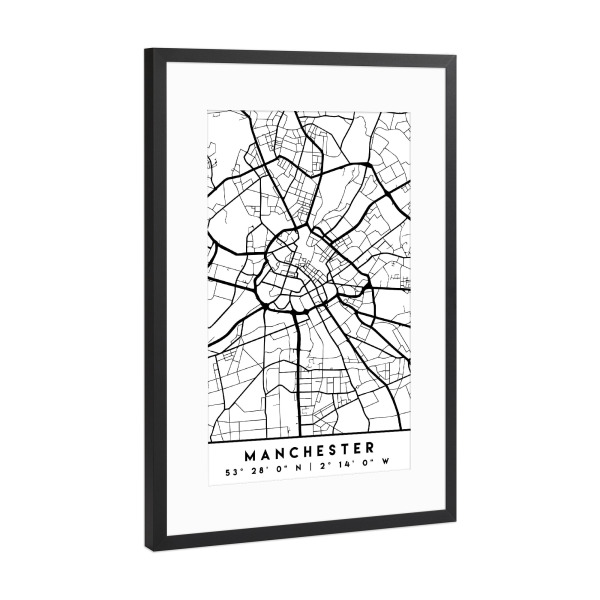 Poster mit Rahmen Schwarz (Metallic) "MANCHESTER ENGLAND CITY MAP" artboxONE - Schwarzweiß,Städte / Weitere,Kartografie