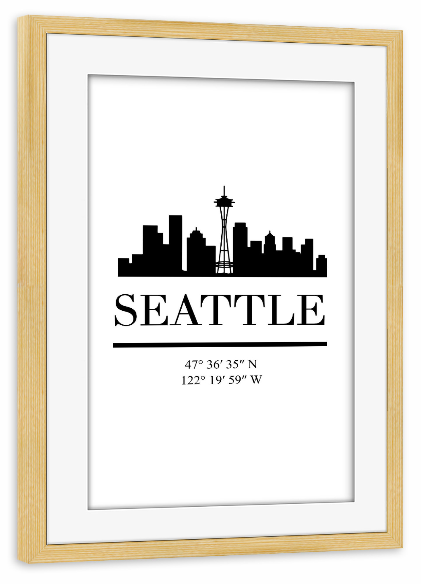 Poster mit Rahmen kiefer "SEATTLE WASHINGTON BLACK SKYLINE" artboxONE - Schwarzweiß,Städte / Weitere,Kartografie - Seattle,Usa,Amerika