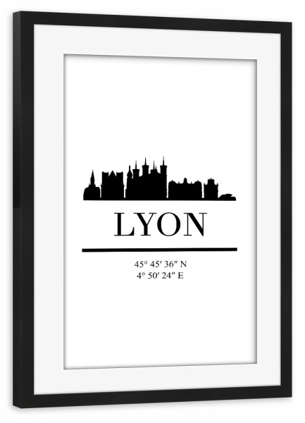 Poster mit Rahmen schwarz "LYON FRANCE BLACK SKYLINE ART" artboxONE - Städte,Schwarzweiß,Städte / Weitere - Lyon,France,Frankreich,Europa,French