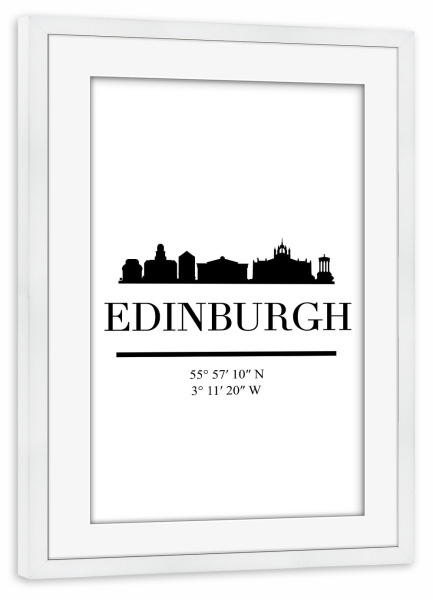 Poster mit Rahmen weiß "EDINBURGH SCOTLAND BLACK SKYLINE" artboxONE - Städte,Schwarzweiß,Städte / Weitere