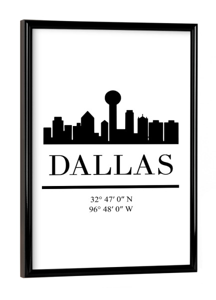 Poster mit schwarzem Rahmen "DALLAS TEXAS BLACK SKYLINE ART" artboxONE - Schwarzweiß,Städte / Weitere,Kartografie - Dallas,Texas,Usa,America,Map