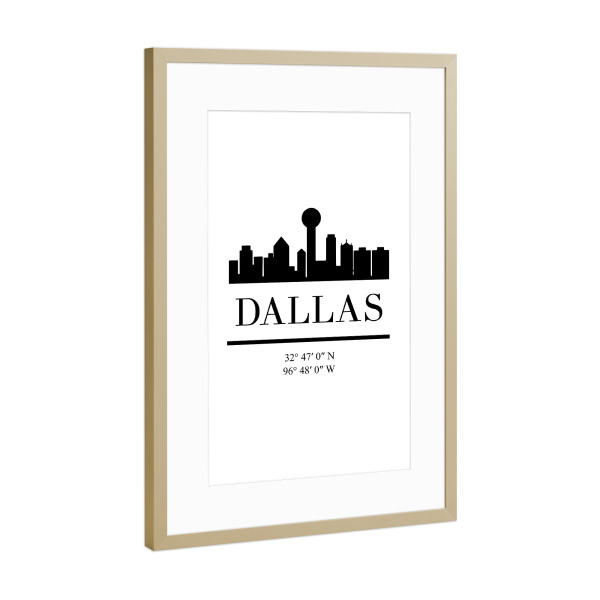 Poster mit Rahmen Gold "DALLAS TEXAS BLACK SKYLINE ART" artboxONE - Schwarzweiß,Städte / Weitere,Kartografie - Dallas,Texas,Usa,America,Map