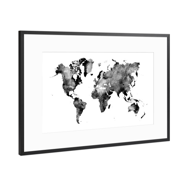 Poster mit Rahmen Schwarz (Metallic) "World map white and black" artboxONE - Reise,Schwarzweiß,Kartografie
