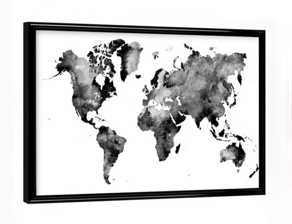 Poster mit schwarzem Rahmen "World map white and black" artboxONE - Reise,Schwarzweiß,Kartografie