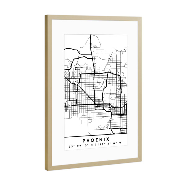 Poster mit Rahmen Gold "PHOENIX ARIZONA BLACK CITY MAP" artboxONE - Schwarzweiß,Städte / Weitere,Kartografie
