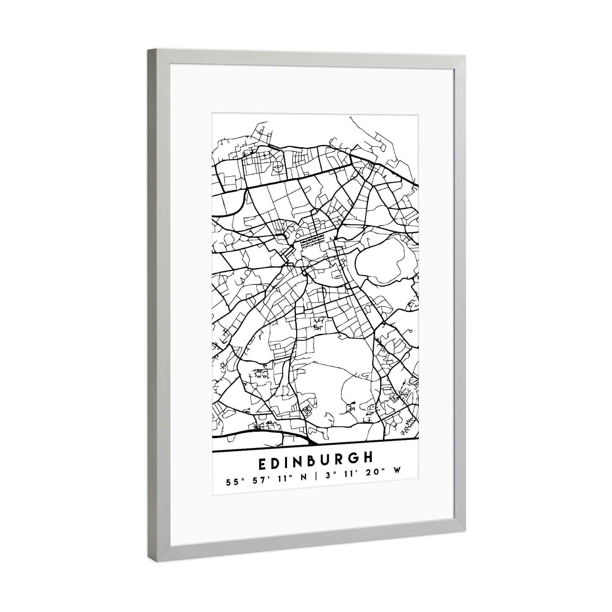 Poster mit Rahmen Silber "EDINBURGH SCOTLAND BLACK CITY MAP" artboxONE - Schwarzweiß,Städte / Weitere,Kartografie