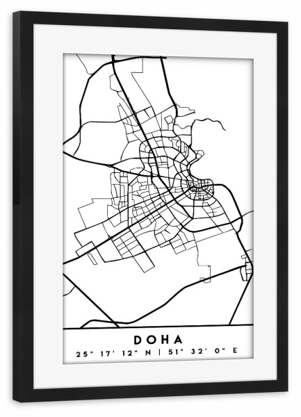 Poster mit Rahmen schwarz "DOHA QATAR BLACK CITY MAP" artboxONE - Schwarzweiß,Städte / Weitere,Kartografie - Doha,Qatar,Katar,Map,Coordinates