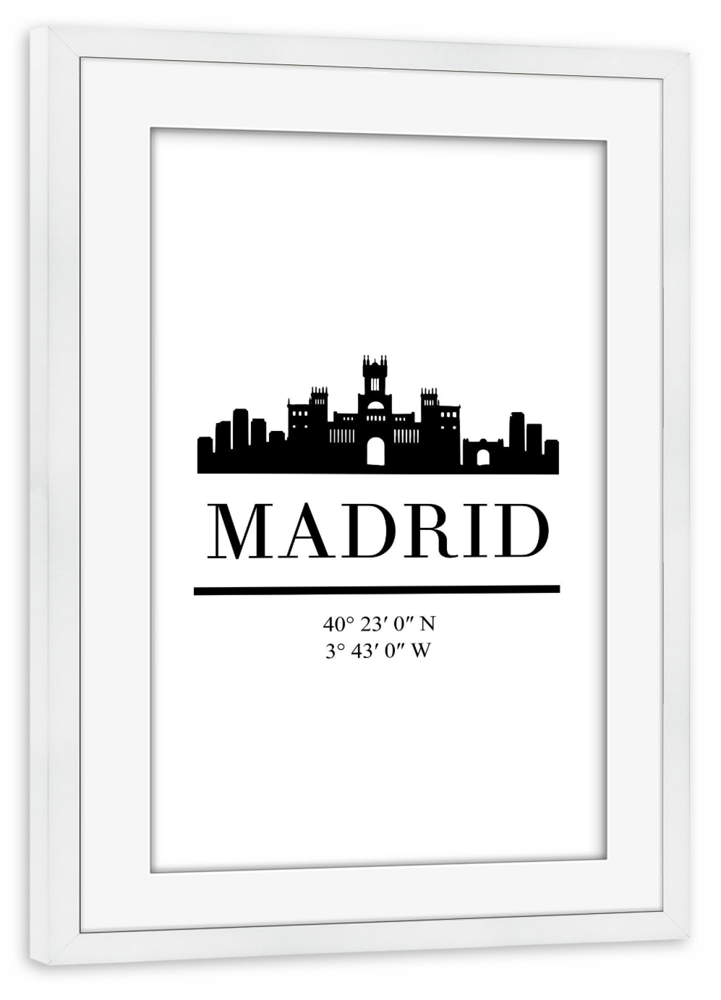 Poster mit Rahmen weiß "MADRID SPAIN BLACK SKYLINE ART" artboxONE - Städte,Reise,Schwarzweiß,Städte / Weitere - Madrid,Spain,Skyline,Coordinates